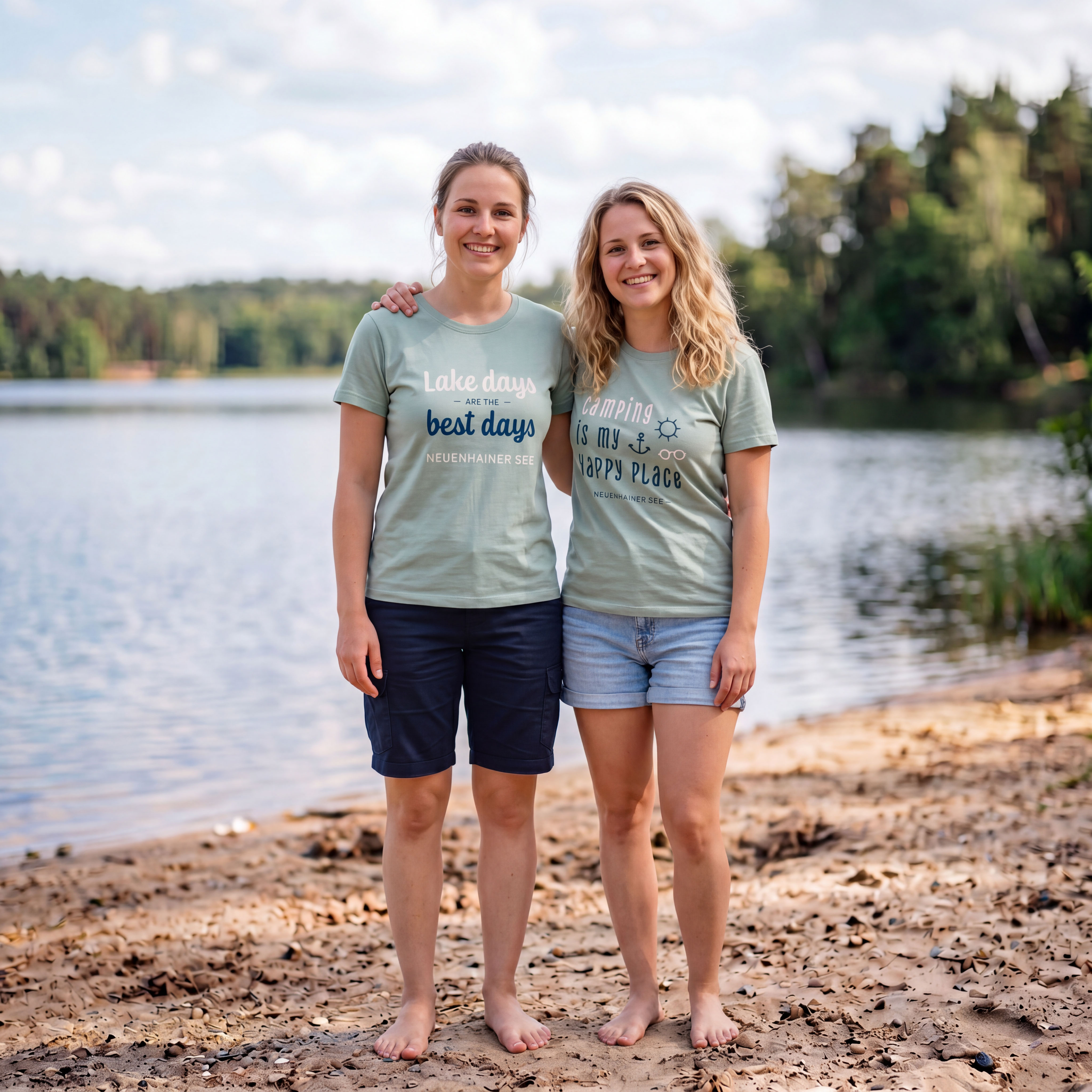 Zwei Frauen stehen Arm in Arm am Strand, im Hintergrund ein See, sie lächeln.
