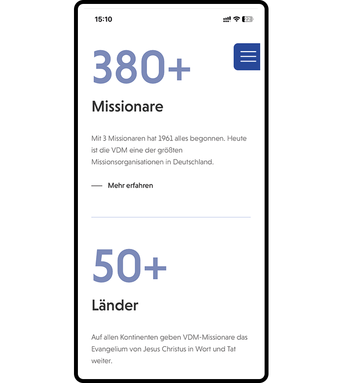 Eine grafische Ansicht der Website von VDM in Form eines Smartphones mit der Information, dass es über 380 Missionare in Deutschland gibt und es die VDM in mehr als 50 Ländern gibt